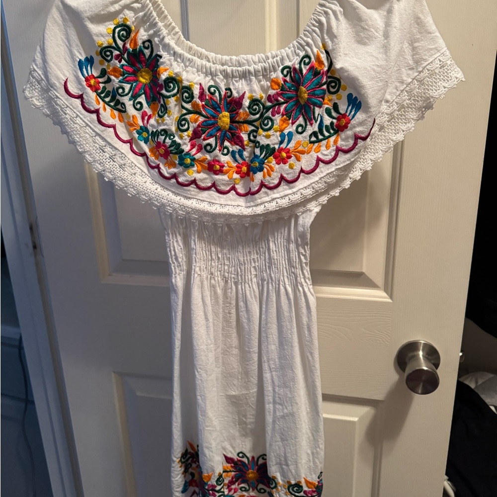 Mexican White Dress with Colorful Embroidery